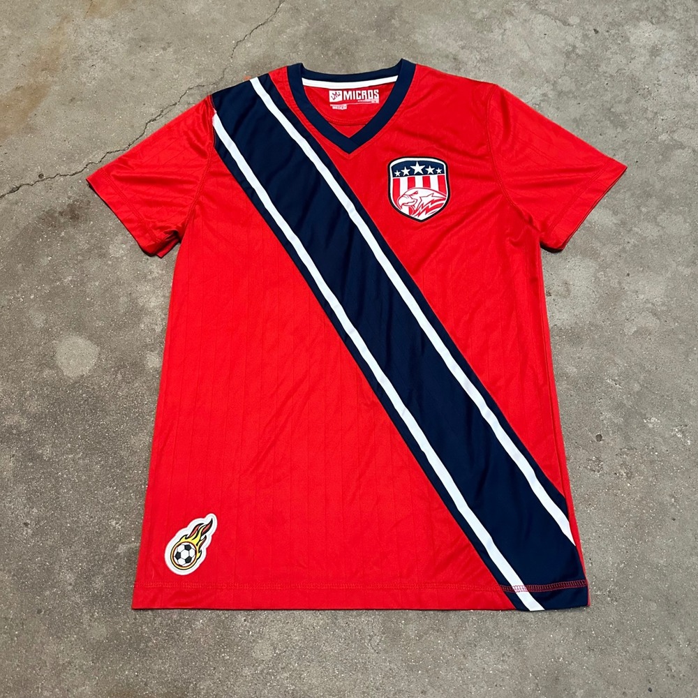 Micros Soccer Jersey Mens Medium Red USA 10‎ Eagle Crest Sash V-Neck Shirt